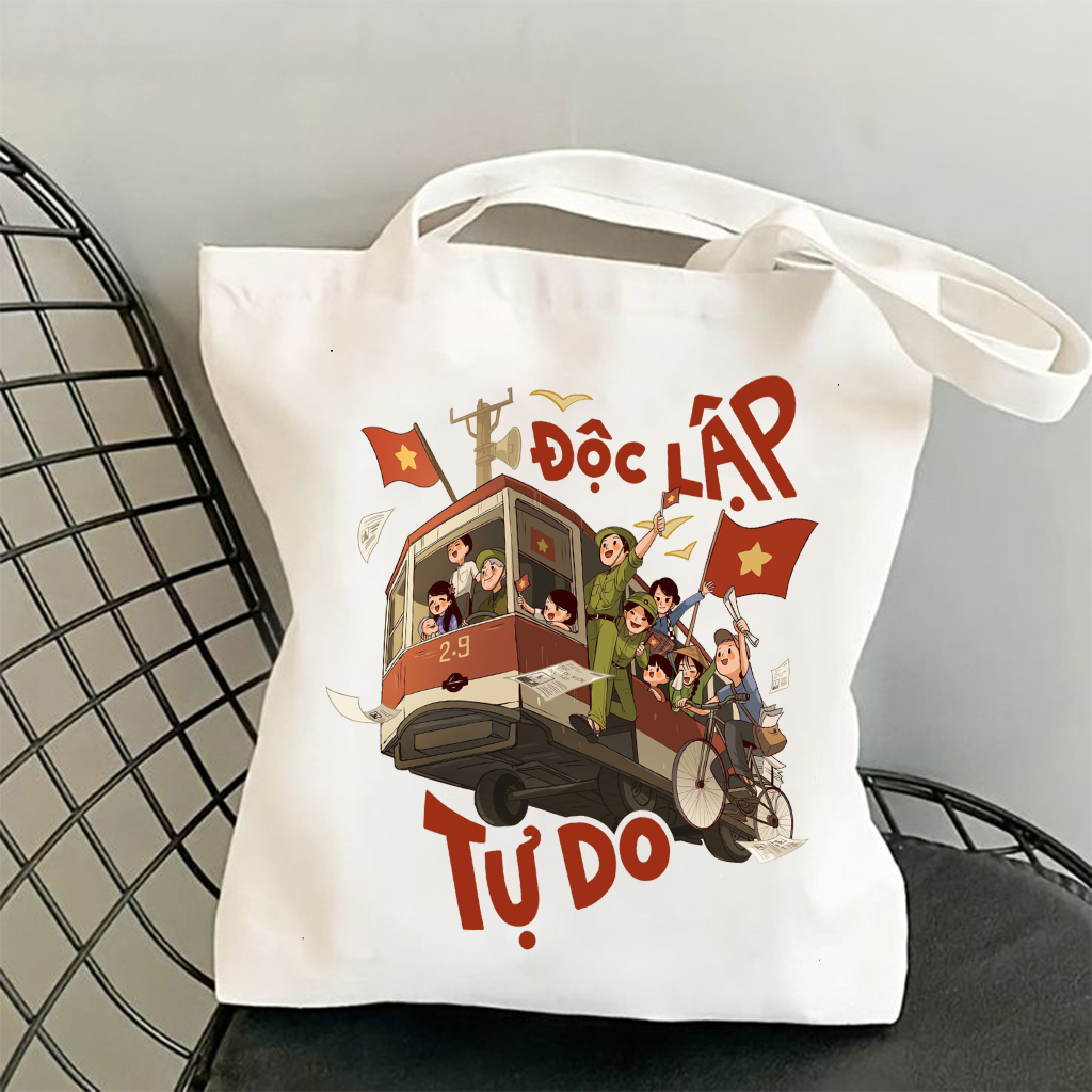 Túi tote ĐỘC LẬP TỰ DO ẤM NO HẠNH PHÚC - túi vải canvas đeo vai 35*40 cm đi học đi chơi du lịch đựng vừa laptop 14inch