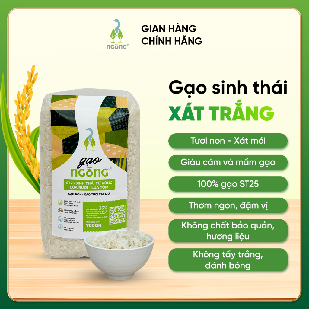 Gạo Ngỗng Sinh Thái ST25 lúa tôm rươi 700g -Xát Trắng