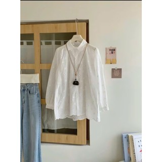 áo sơmi kiểu ren from rộng cổ sen tay dài tiểu thư Phong cách Hàn