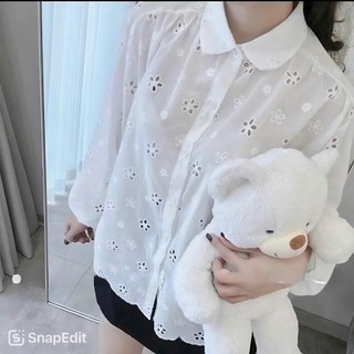 áo sơmi kiểu ren from rộng cổ sen tay dài tiểu thư Phong cách Hàn