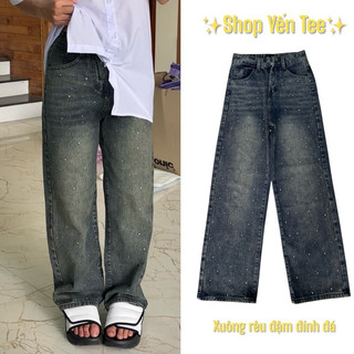 Quần ống xuông đính đá Yến Tee cạp cao 1 cúc mặc đi học , đi chơi cho nữ chất jeans cao cấp #1005