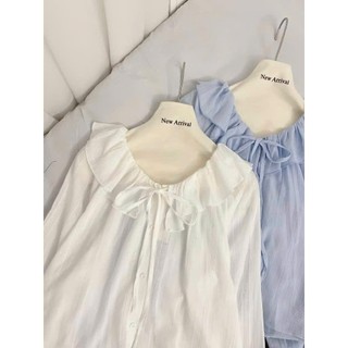 Áo sơmi kiểu nữ cổ tròn bo viền thắt nơ Phối Tay phong cách Hàn Quốc