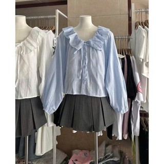 Áo sơmi kiểu nữ cổ tròn bo viền thắt nơ Phối Tay phong cách Hàn Quốc