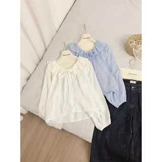 Áo sơmi kiểu nữ cổ tròn bo viền thắt nơ Phối Tay phong cách Hàn Quốc