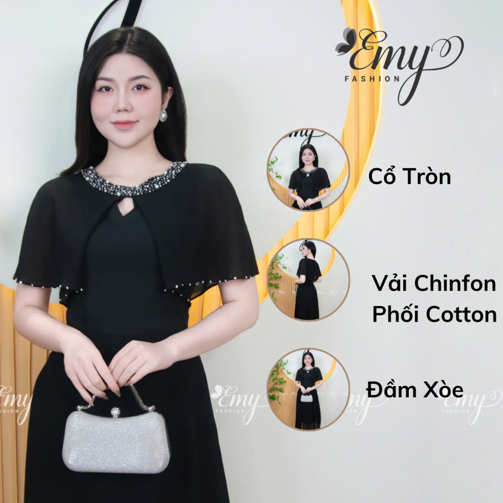 Ảnh Đầm Thiết Kế EMY Thời Trang Cao Cấp EM4013 Vải Cotton Lạnh Đen Phối Vải Chinfon Đen Sang Chảnh Đi Tiệc 2