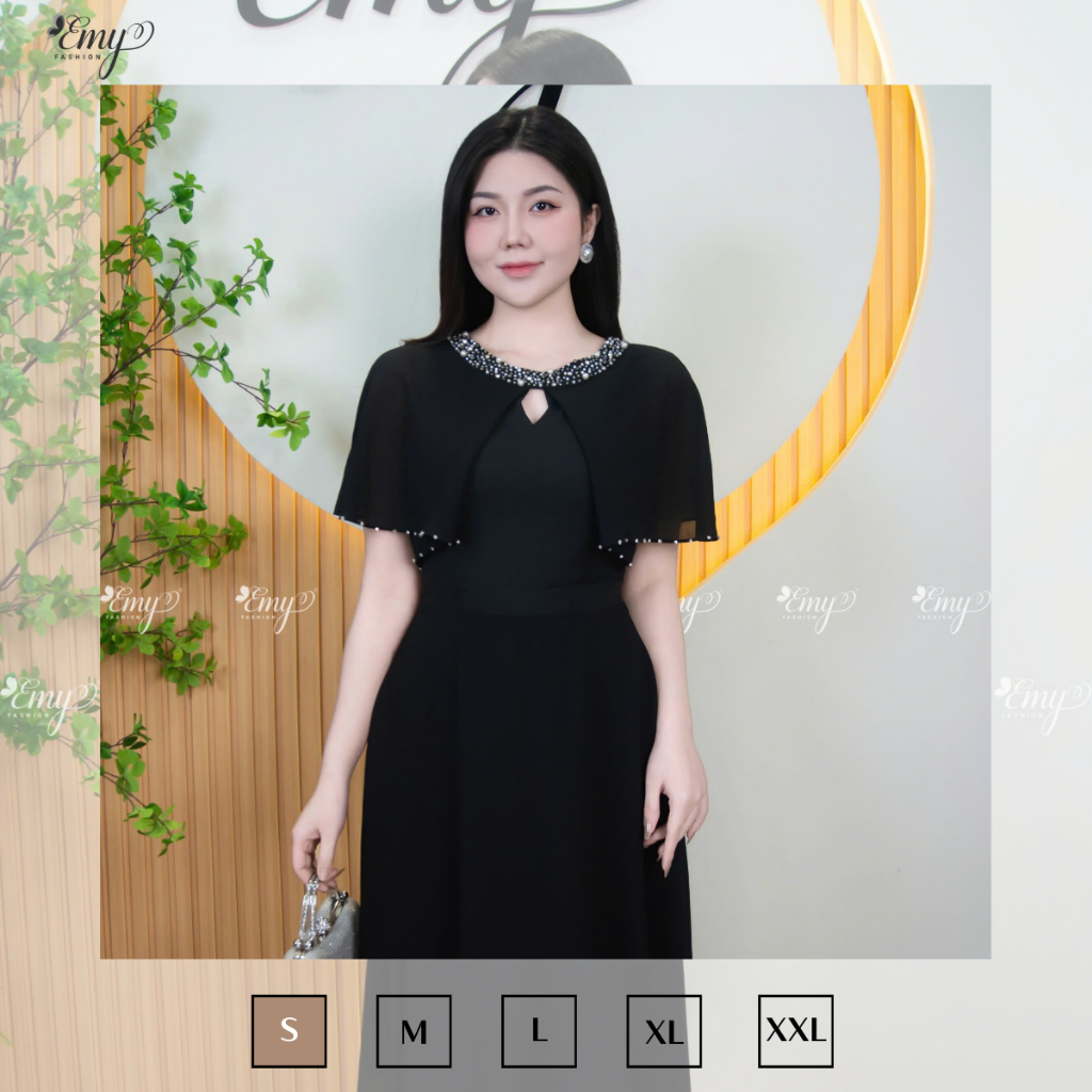 Ảnh Đầm Thiết Kế EMY Thời Trang Cao Cấp EM4013 Vải Cotton Lạnh Đen Phối Vải Chinfon Đen Sang Chảnh Đi Tiệc 4