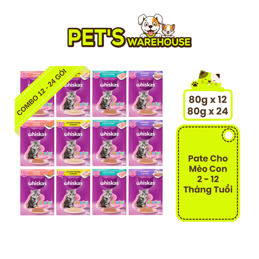[Combo 12-24 Gói] Pate Whiskas Mèo Con Nhiều Vị Gói 80G | Pet's Warehouse