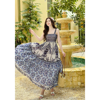 Maxi 2 dây họa tiết du lịch sang chảnh, maxi mặc Hè
