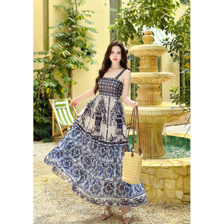 Maxi 2 dây họa tiết du lịch sang chảnh, maxi mặc Hè