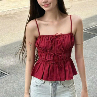 Áo Hai Dây Chất Linen Nhún Eo, Áo Nhún Bèo Xếp Tầng Buộc Nơ Mùa Hè Năng Động