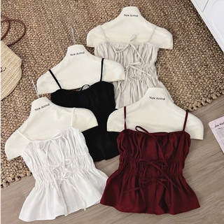 Áo Hai Dây Chất Linen Nhún Eo, Áo Nhún Bèo Xếp Tầng Buộc Nơ Mùa Hè Năng Động