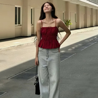 Áo Hai Dây Chất Linen Nhún Eo, Áo Nhún Bèo Xếp Tầng Buộc Nơ Mùa Hè Năng Động