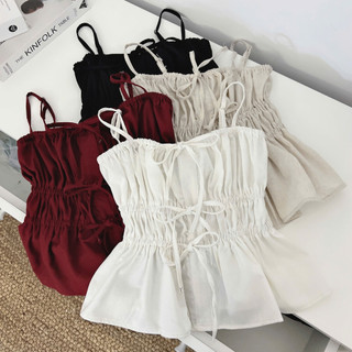 Áo Hai Dây Chất Linen Nhún Eo, Áo Nhún Bèo Xếp Tầng Buộc Nơ Mùa Hè Năng Động