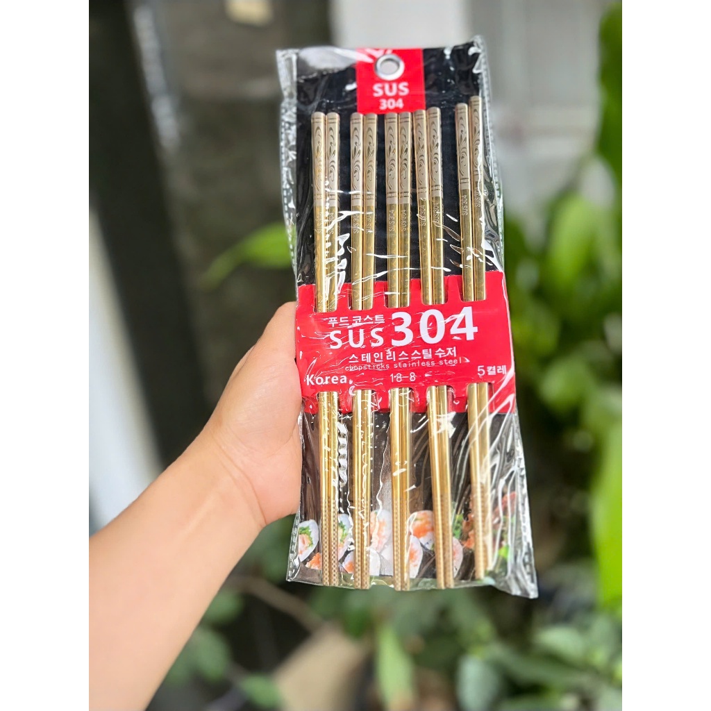 Bộ 5 đôi đũa inox 304 Màu Vàng Sang Trọng cán vuông hoa cao cấp KOREA ...