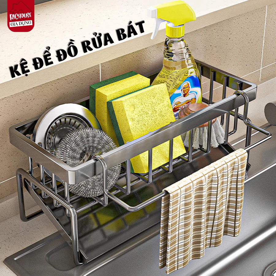 Kệ để đồ rửa chén bát, Giá đựng đồ rửa bát chất liệu thép không gỉ tích hợp giá treo khăn tiện lợi