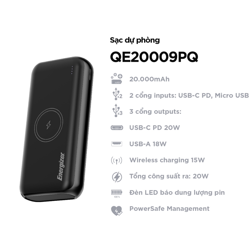 Ảnh Sạc dự phòng Energizer 20000mAh QE20009PQ - tích hợp sạc nhanh 20W, 3 cổng sạc ra tiện lợi 1
