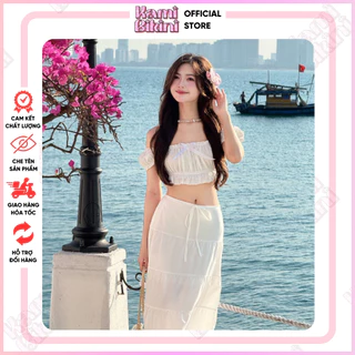 Set váy đi biển KAMI, Chân váy dài đi biển màu trắng phối ren mix áo đính nơ trễ vai cúp ngực - ( Mã AN04 - CV04 )