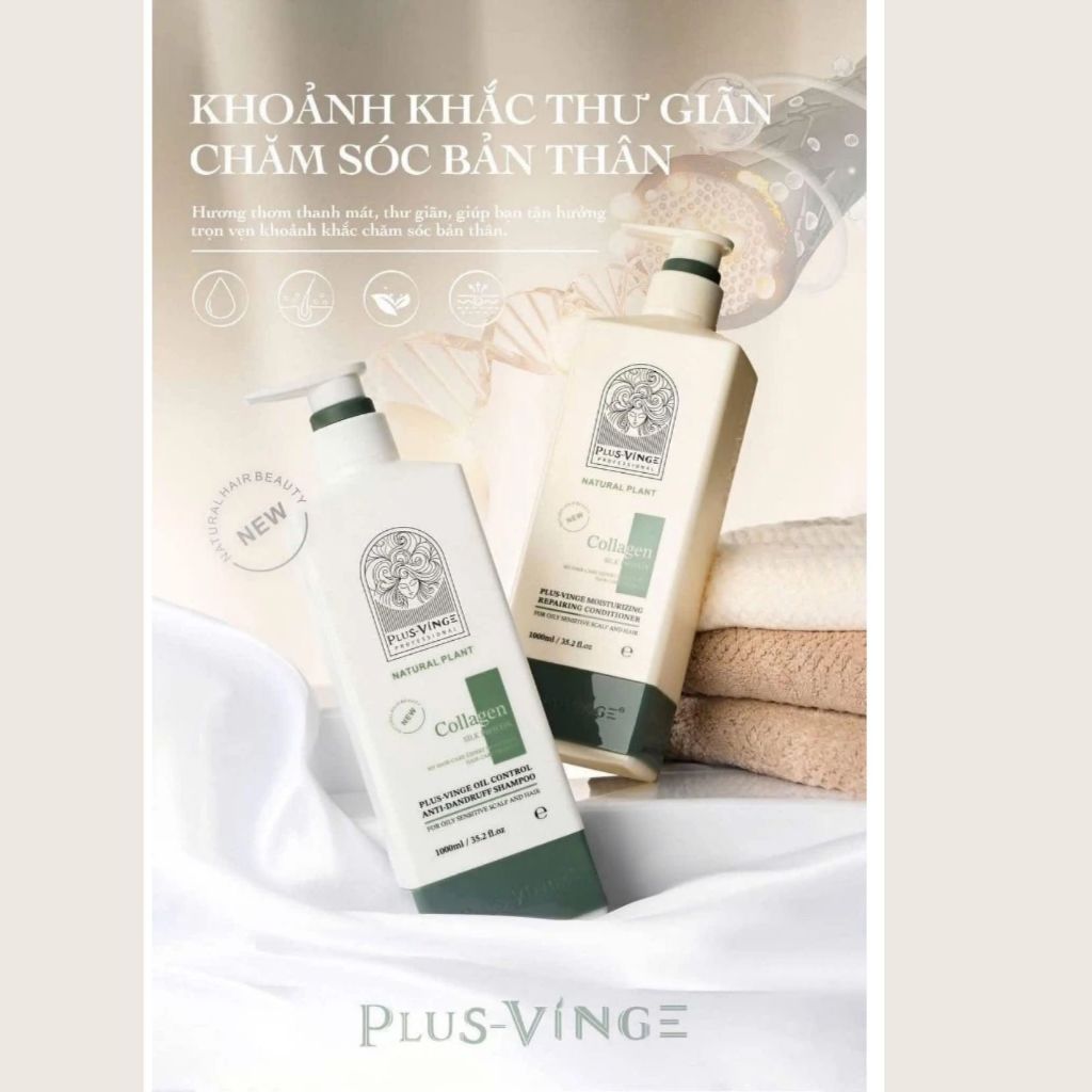 Dầu Gội Xả Plus Vinge Collagen 1000ml | Chăm Sóc Tóc Khô Xơ, Mềm Mượt & Bóng Khỏe Chuẩn Salon