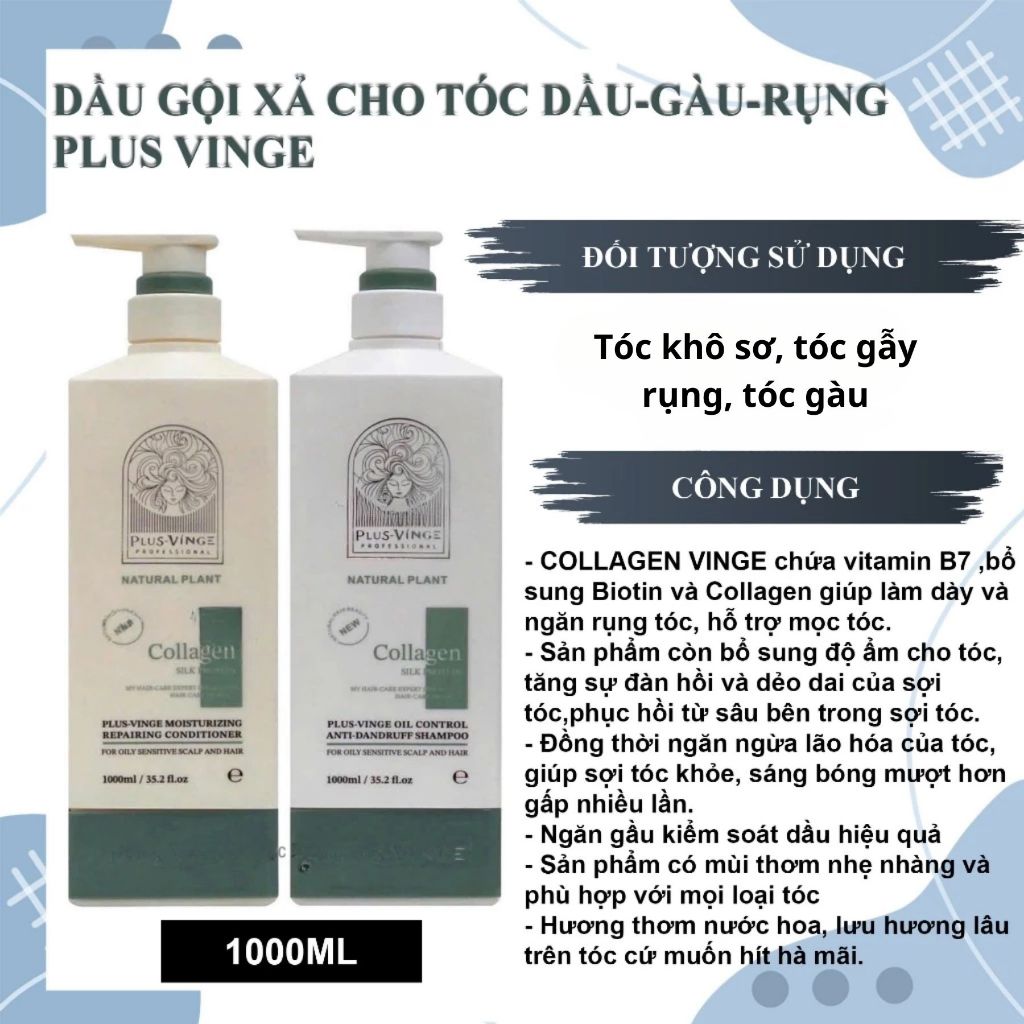 Dầu Gội Xả Plus Vinge Collagen 1000ml | Chăm Sóc Tóc Khô Xơ, Mềm Mượt & Bóng Khỏe Chuẩn Salon