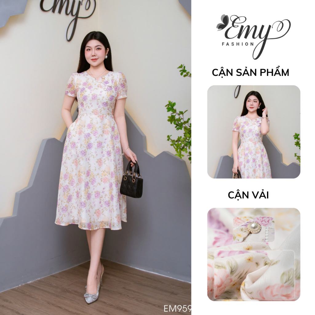 Ảnh Đầm Thiết Kế EMY Thời Trang Cao Cấp EM9595 Vải Tơ Vân Hoa Tím Cam Nền Trắng Sang Chảnh Đi Tiệc 3