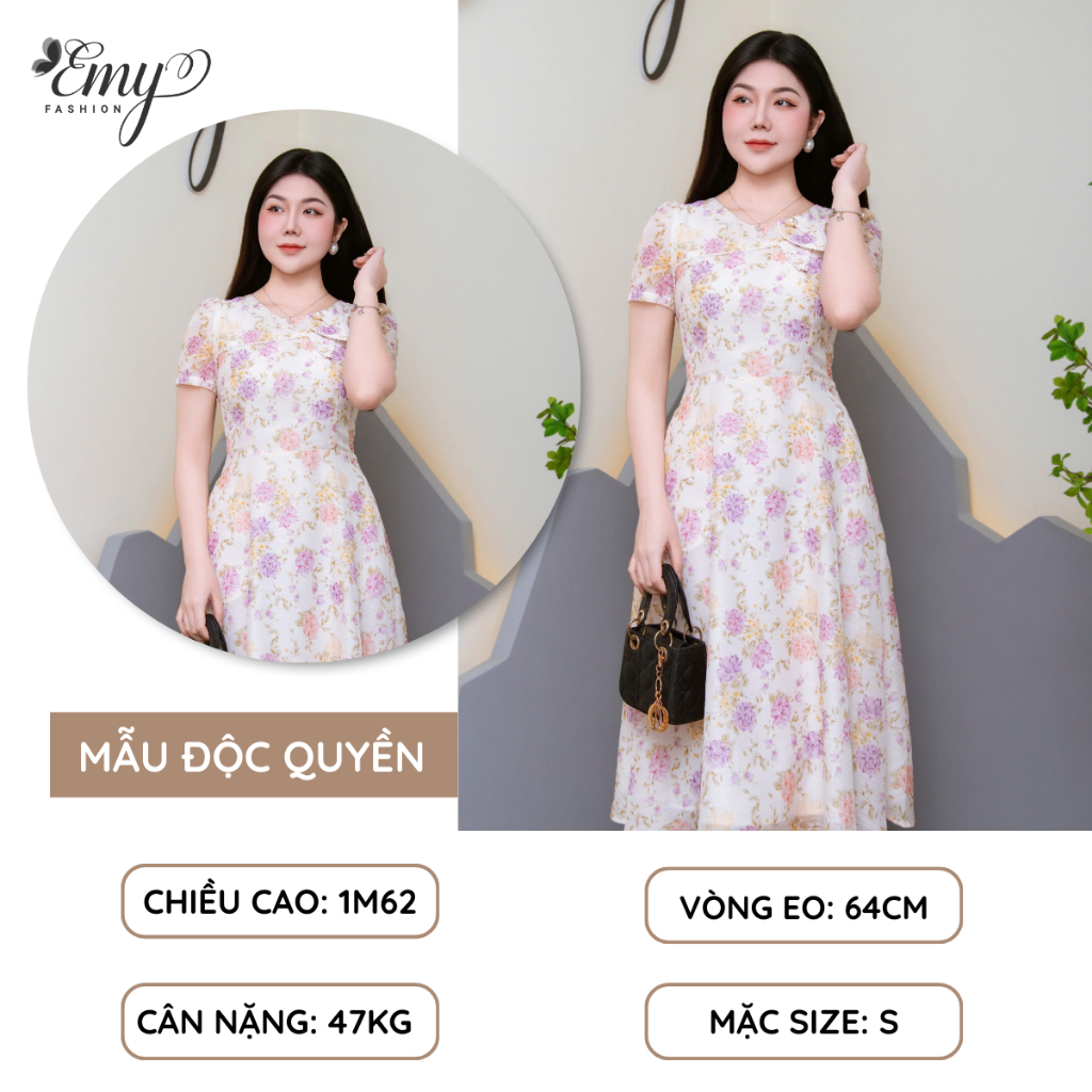 Ảnh Đầm Thiết Kế EMY Thời Trang Cao Cấp EM9595 Vải Tơ Vân Hoa Tím Cam Nền Trắng Sang Chảnh Đi Tiệc 1