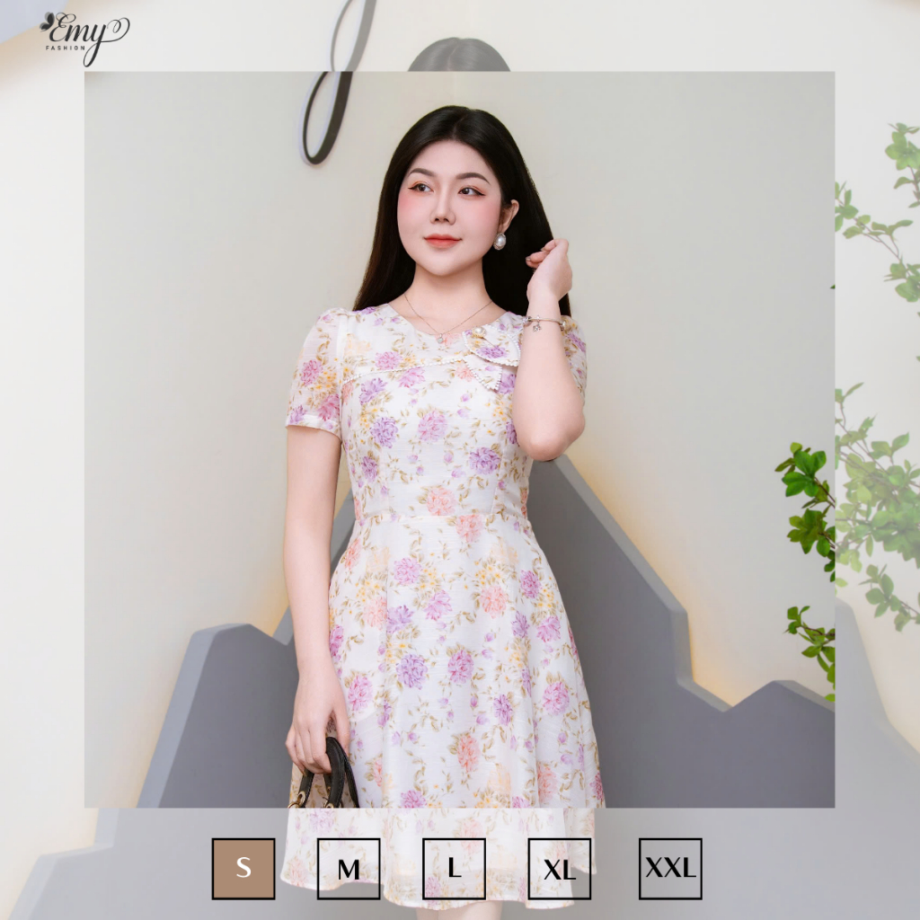 Ảnh Đầm Thiết Kế EMY Thời Trang Cao Cấp EM9595 Vải Tơ Vân Hoa Tím Cam Nền Trắng Sang Chảnh Đi Tiệc 2