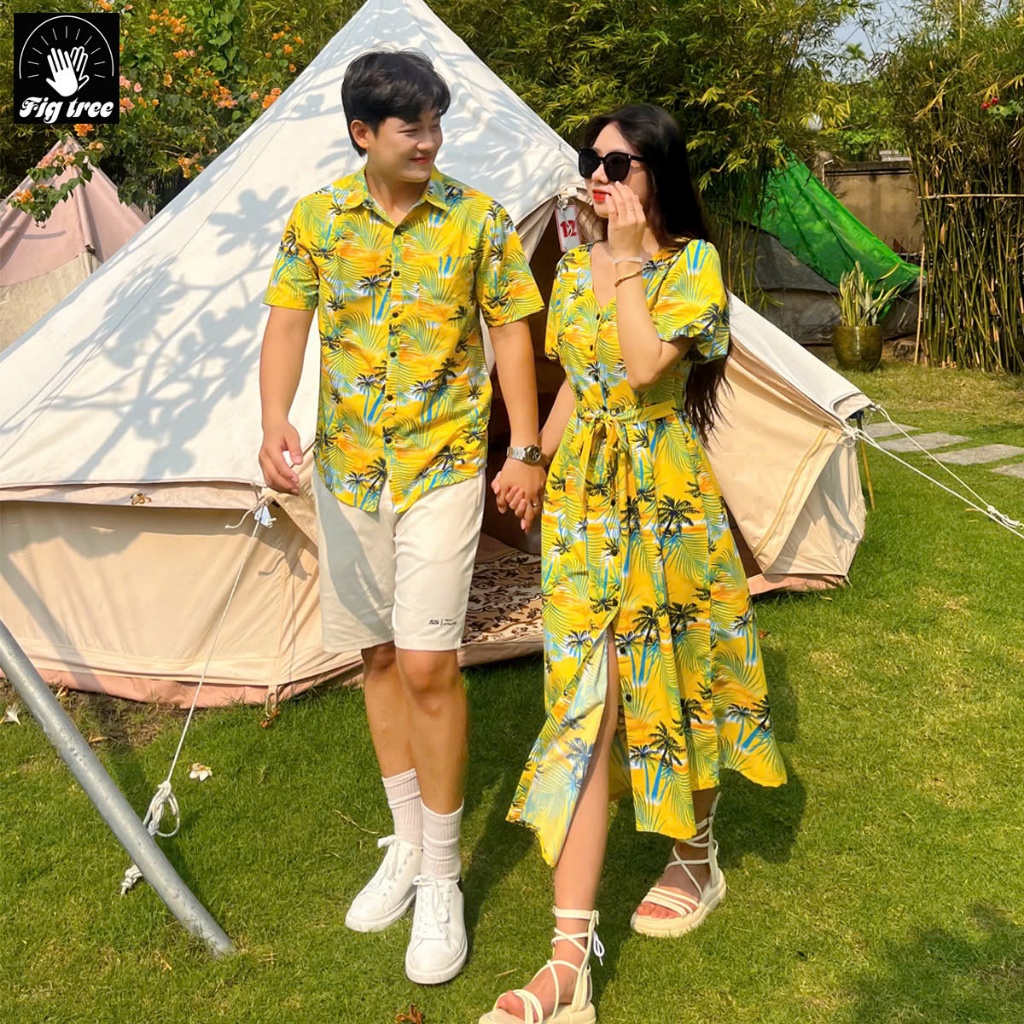 Set Đồ Đôi Fig Tree Họa Tiết Cây Dừa Nền Vàng Đi Chơi, Đi Biển ,Du Lịch MS 193 - Hàng Thiết Kế