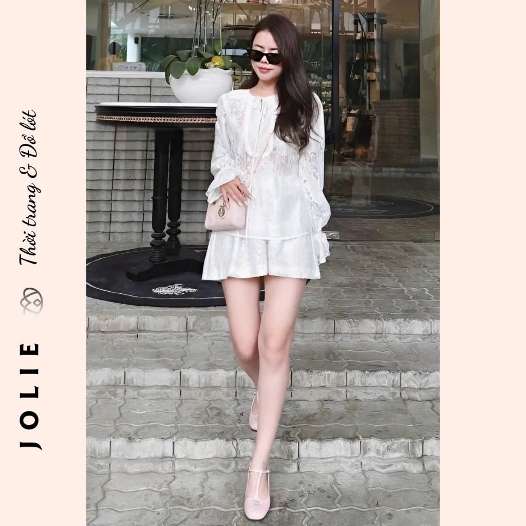 Set Đồ Nữ Ren Dài Tay Dài Loe Cổ Tròn Buộc nơ Mix Quần Ren Cộc Basic Dễ Mặc JOLIE