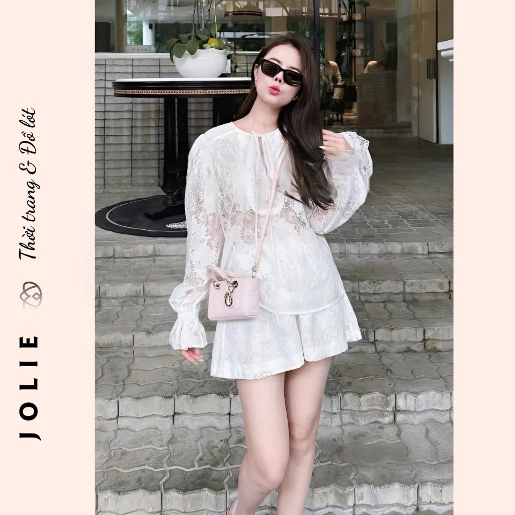 Set Đồ Nữ Ren Dài Tay Dài Loe Cổ Tròn Buộc nơ Mix Quần Ren Cộc Basic Dễ Mặc JOLIE