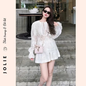 Set Đồ Nữ Ren Dài Tay Dài Loe Cổ Tròn Buộc nơ Mix Quần Ren Cộc Basic Dễ Mặc JOLIE