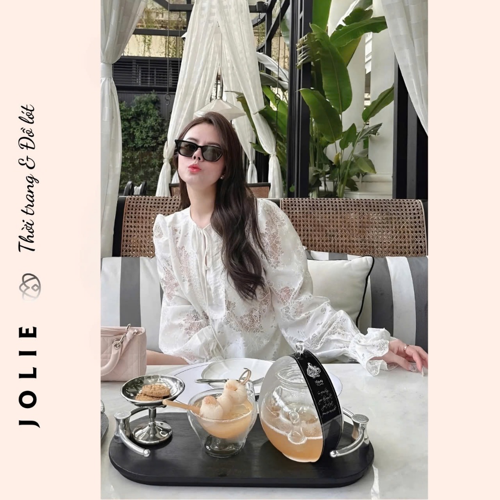 Set Đồ Nữ Ren Dài Tay Dài Loe Cổ Tròn Buộc nơ Mix Quần Ren Cộc Basic Dễ Mặc JOLIE