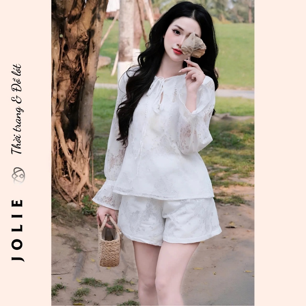 Set Đồ Nữ Ren Dài Tay Dài Loe Cổ Tròn Buộc nơ Mix Quần Ren Cộc Basic Dễ Mặc JOLIE