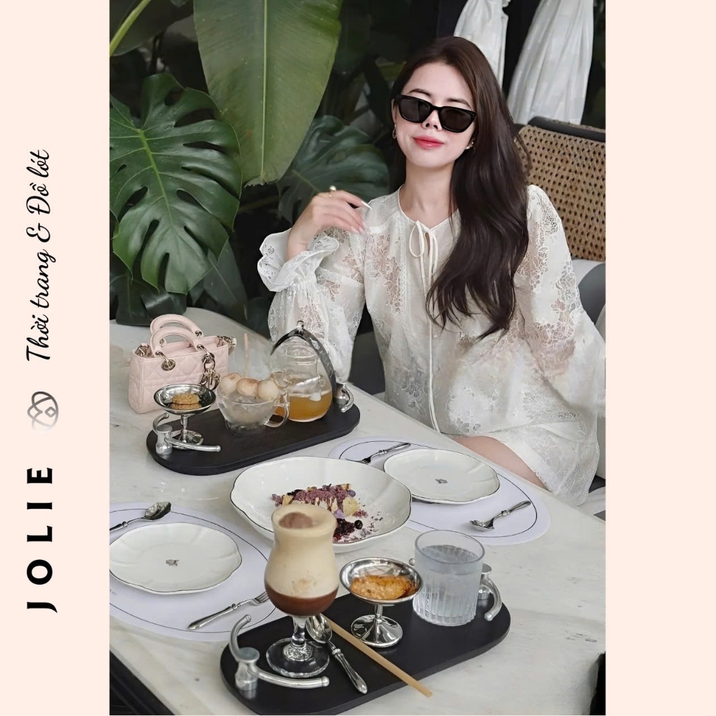 Set Đồ Nữ Ren Dài Tay Dài Loe Cổ Tròn Buộc nơ Mix Quần Ren Cộc Basic Dễ Mặc JOLIE