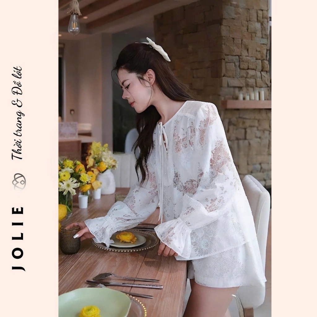 Set Đồ Nữ Ren Dài Tay Dài Loe Cổ Tròn Buộc nơ Mix Quần Ren Cộc Basic Dễ Mặc JOLIE