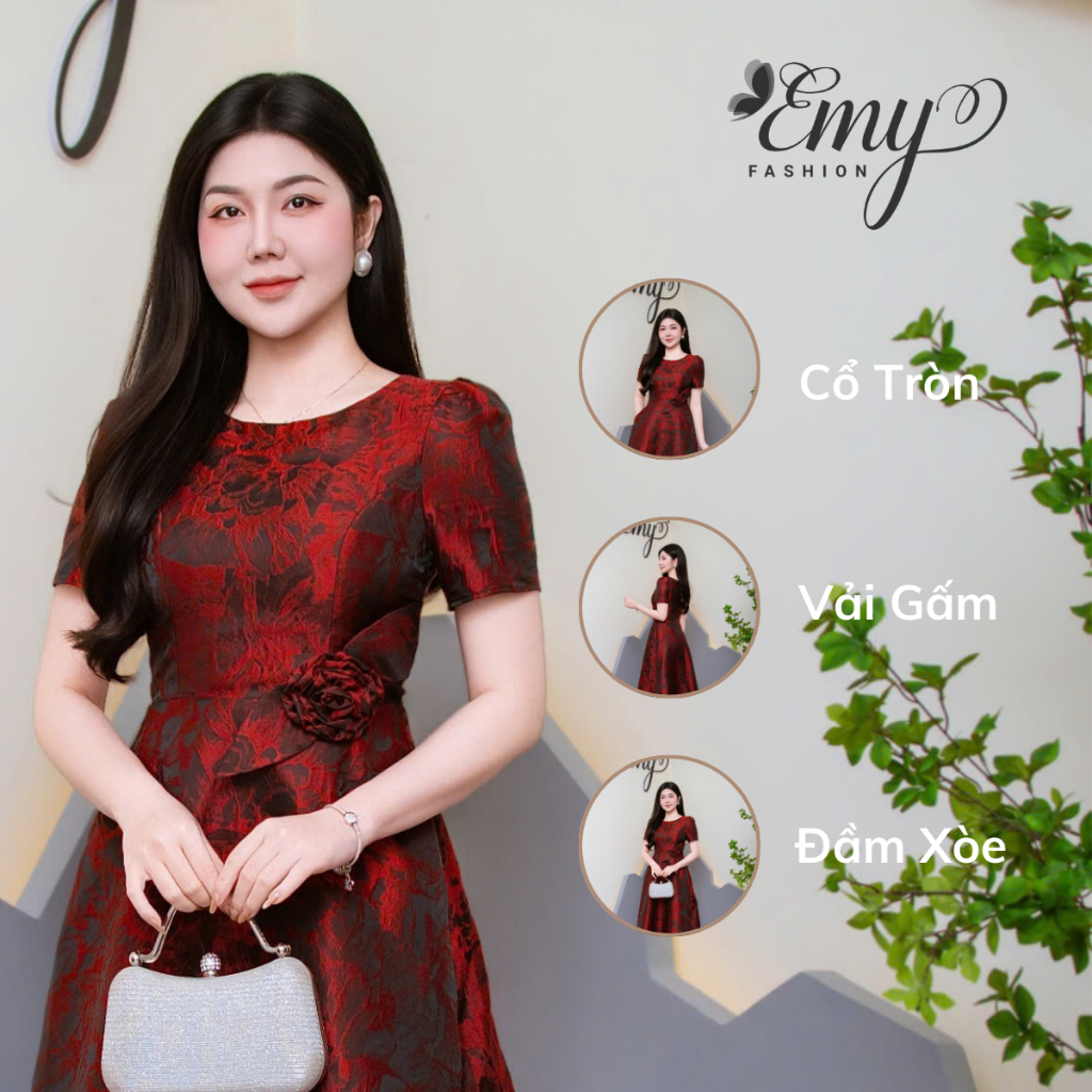 Ảnh Đầm Thiết Kế EMY Thời Trang Cao Cấp EM9604 Vải Gấm Hoa Lan Đỏ Đô Sang Chảnh Đi Tiệc 1