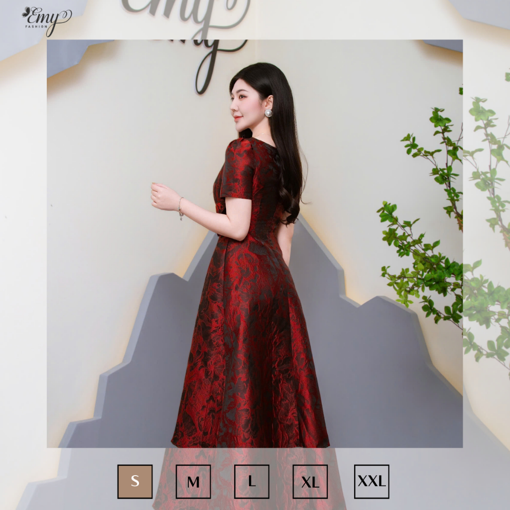 Ảnh Đầm Thiết Kế EMY Thời Trang Cao Cấp EM9604 Vải Gấm Hoa Lan Đỏ Đô Sang Chảnh Đi Tiệc 3
