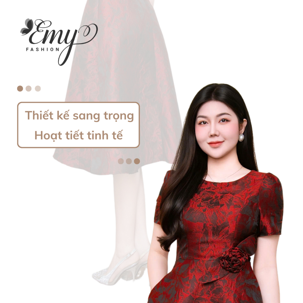 Ảnh Đầm Thiết Kế EMY Thời Trang Cao Cấp EM9604 Vải Gấm Hoa Lan Đỏ Đô Sang Chảnh Đi Tiệc 2