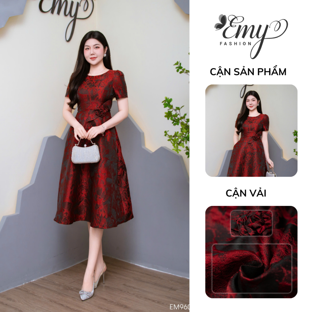 Ảnh Đầm Thiết Kế EMY Thời Trang Cao Cấp EM9604 Vải Gấm Hoa Lan Đỏ Đô Sang Chảnh Đi Tiệc 4