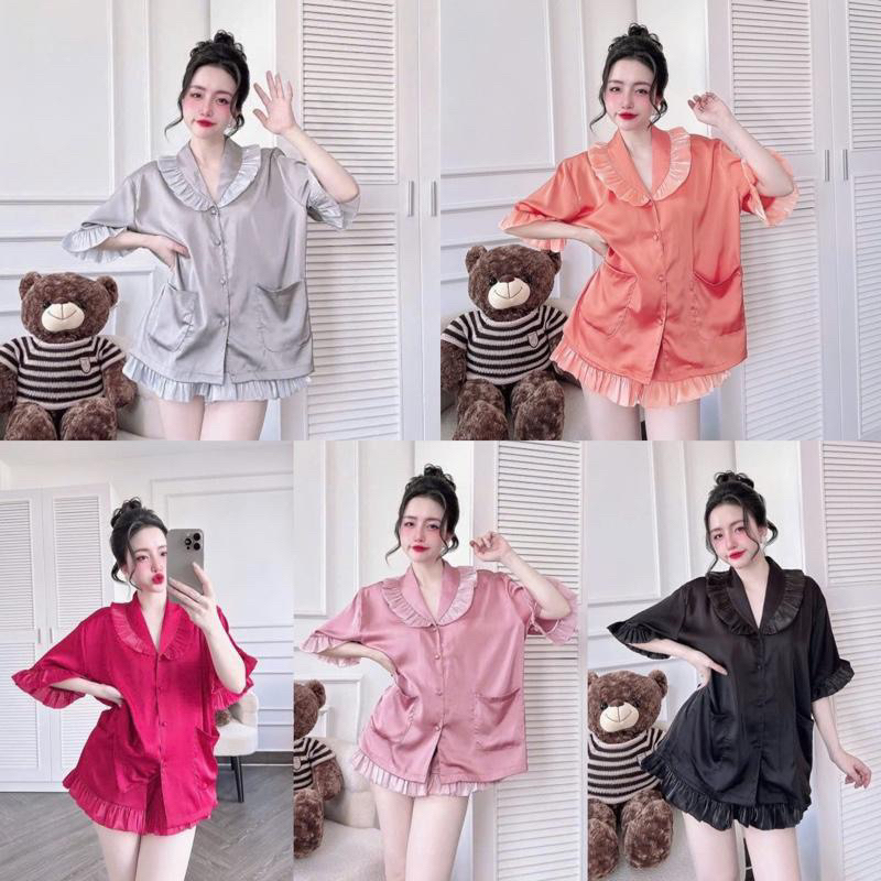 45-65kg set pijama đùi cổ sam phối voan óng tiểu thư lụa mịn nút bọc mát