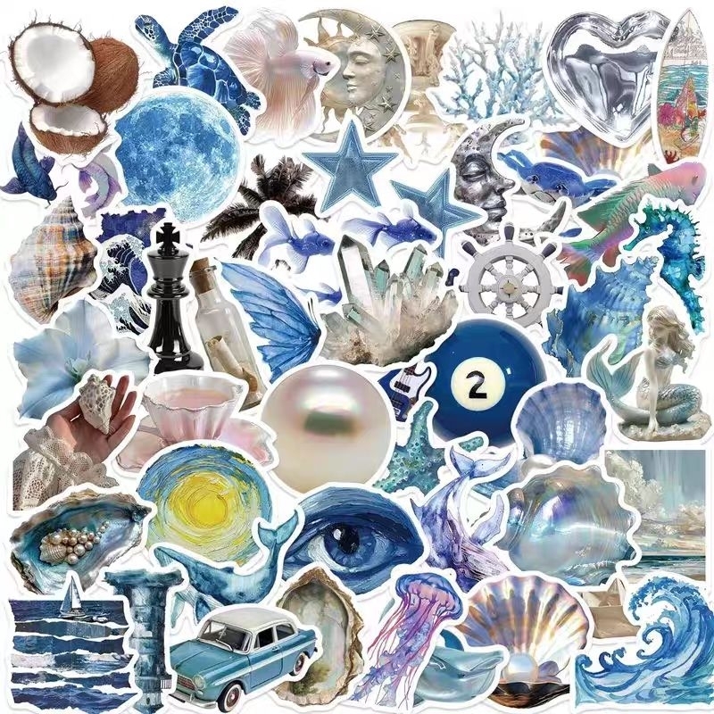 Set 10 / 50 sticker bạc xanh dương sinh vật biển dán nón mũ bảo hiểm ...