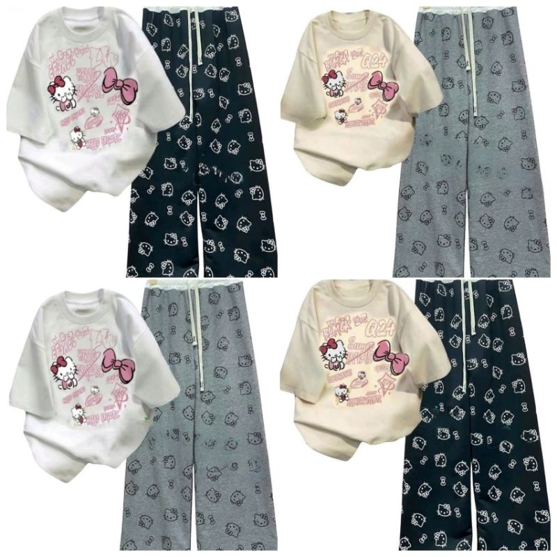 Tổng hợp các sét Bộ Quần Họa Tiết Mèo + mix áo phông Unisex form thụng tay lỡ - hình Mèo cute