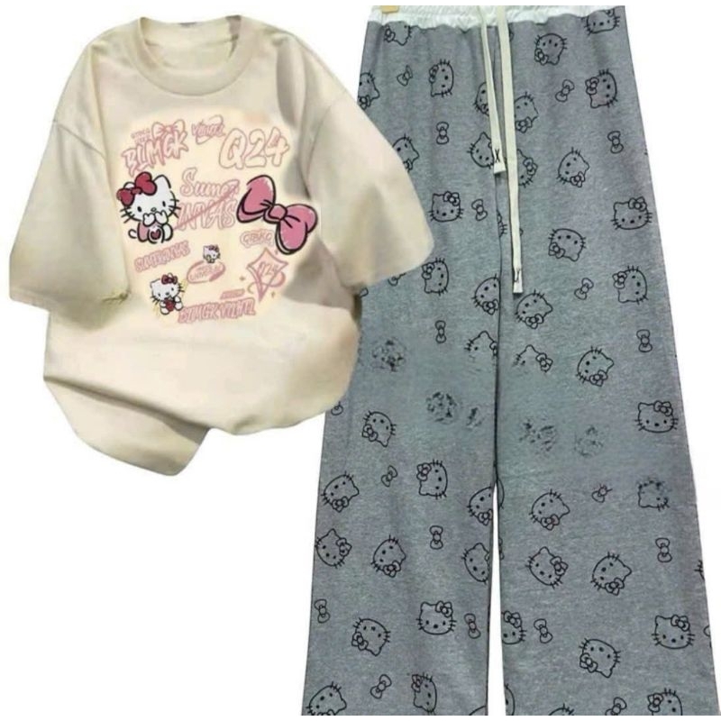 Tổng hợp các sét Bộ Quần Họa Tiết Mèo + mix áo phông Unisex form thụng tay lỡ - hình Mèo cute