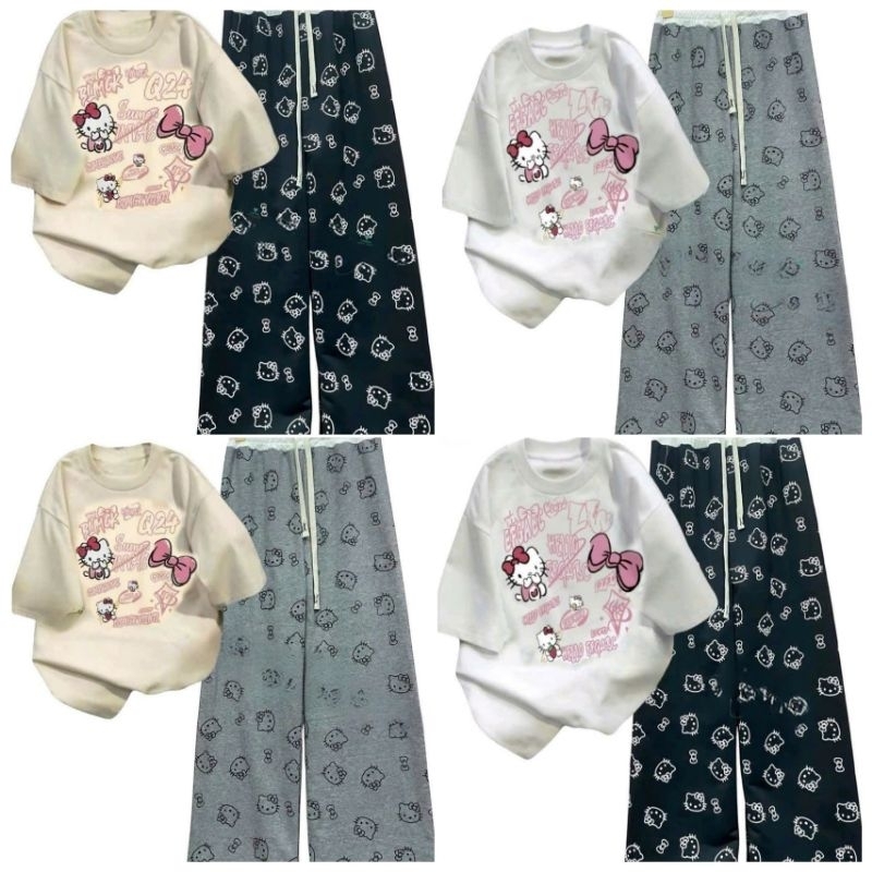 Tổng hợp các sét Bộ Quần Họa Tiết Mèo + mix áo phông Unisex form thụng tay lỡ - hình Mèo cute
