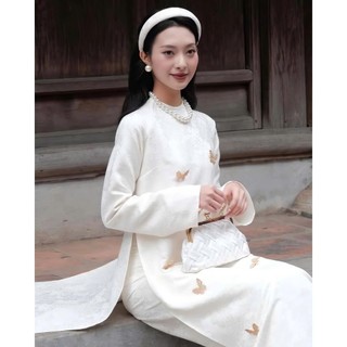 Áo Dài Lam Yên Cách Tân 2 Tà Dáng Xuông Chất Liệu Gấm Châu Sa In Hoa Nổi Cao Cấp, Đính Charm Trên Tà Áo