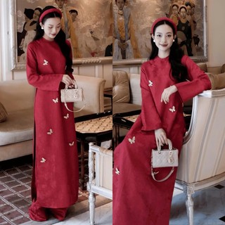 Áo Dài Lam Yên Cách Tân 2 Tà Dáng Xuông Chất Liệu Gấm Châu Sa In Hoa Nổi Cao Cấp, Đính Charm Trên Tà Áo
