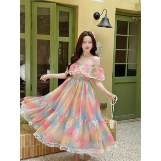 Váy xòe midi trễ vai mix màu mặc Hè, du lịch, dạo phố cực xinh
