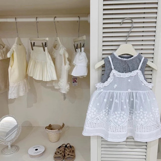 Váy bé gái, Sét áo cotton cúc xám mix váy ren trắng cho bé gái