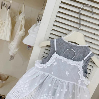 Váy bé gái, Sét áo cotton cúc xám mix váy ren trắng cho bé gái