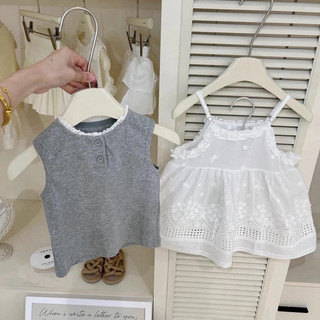 Váy bé gái, Sét áo cotton cúc xám mix váy ren trắng cho bé gái