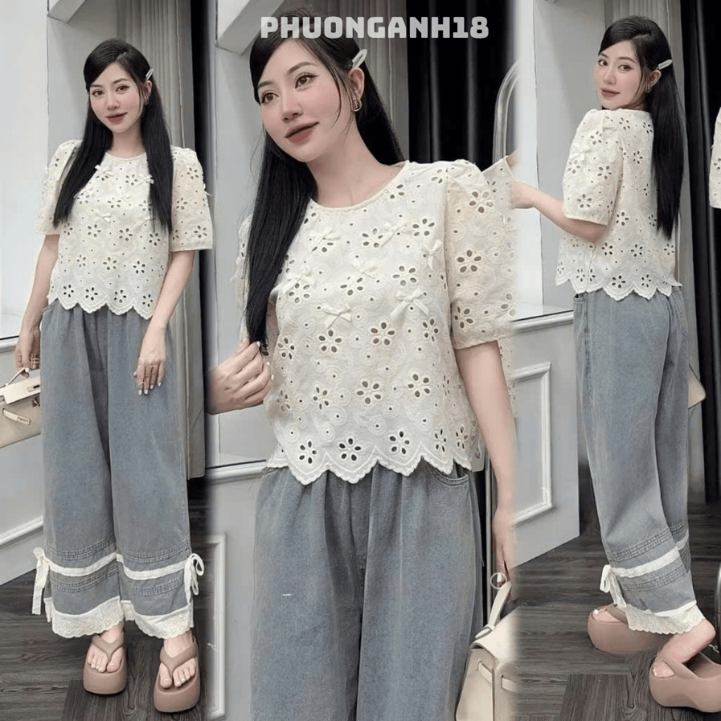 Áo ren hoa chất thô boi cổ tròn đính nơ tay ngắn hàng QC 3396 A114